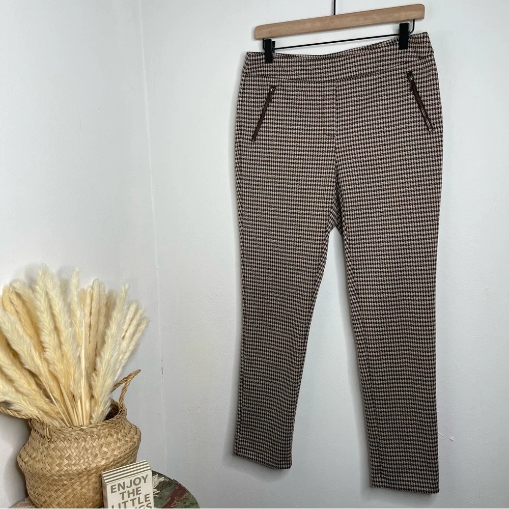 J. McLaughlin Ross Ankle Pants Zipper Pocket Brown Houndstooth Size 8